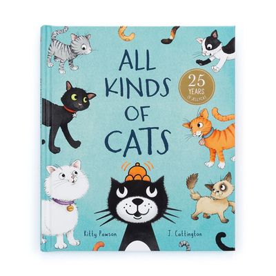 Jellycat All Kinds of Cats hardback picture book displayed against a white background, showing colorful cat illustrations on the cover