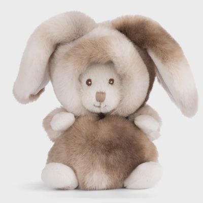 Gray plush rabbit toy with long ears and soft fur texture against a white studio background
