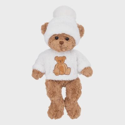 Light brown plush stuffed bear wearing a knitted winter beanie, isolated on white background in studio lighting