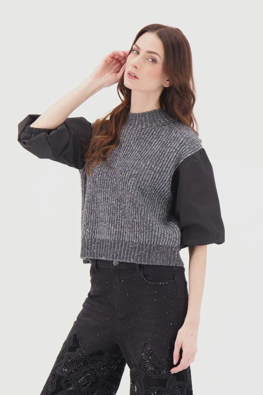 Mockneck Lurex Sweater With Woven Puff Sleeves Charcoal