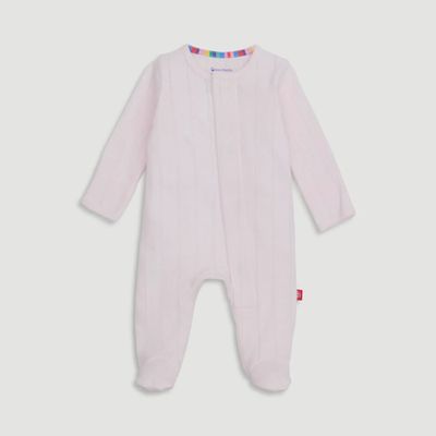 Pink Love Lines Pointelle organic cotton magnetic footie by Magnetic Me displayed flat on white background