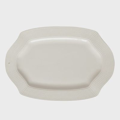 Nora Fleming stoneware serving dish with blue pinstripe pattern, 16.25 inches, photographed against white background in studio lighting