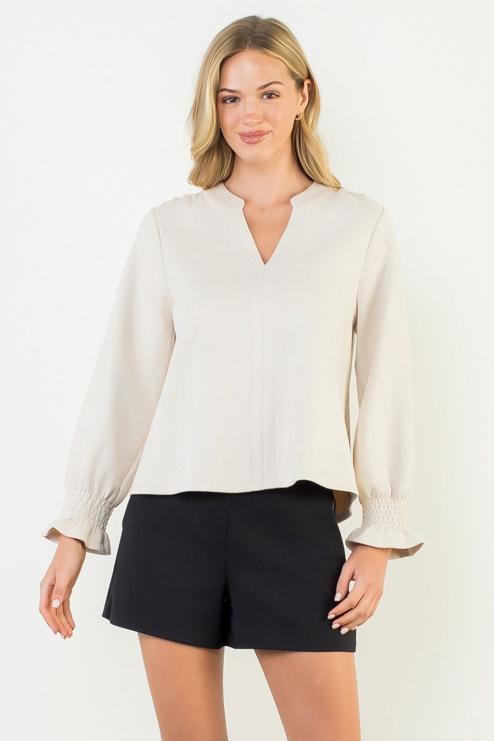 Long Sleeve Suede V-Neck Top, Size: XS