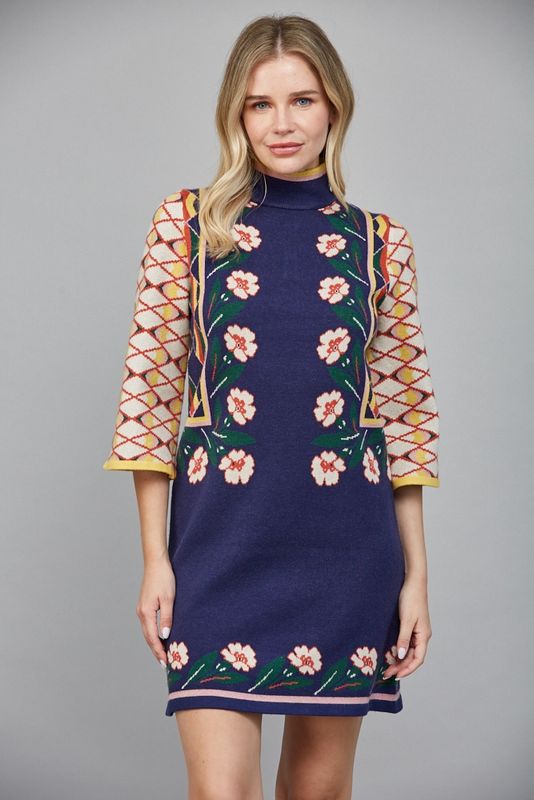 FLORAL AND GEO MOTIF JACQUARD KNIT SWEATER DRESS