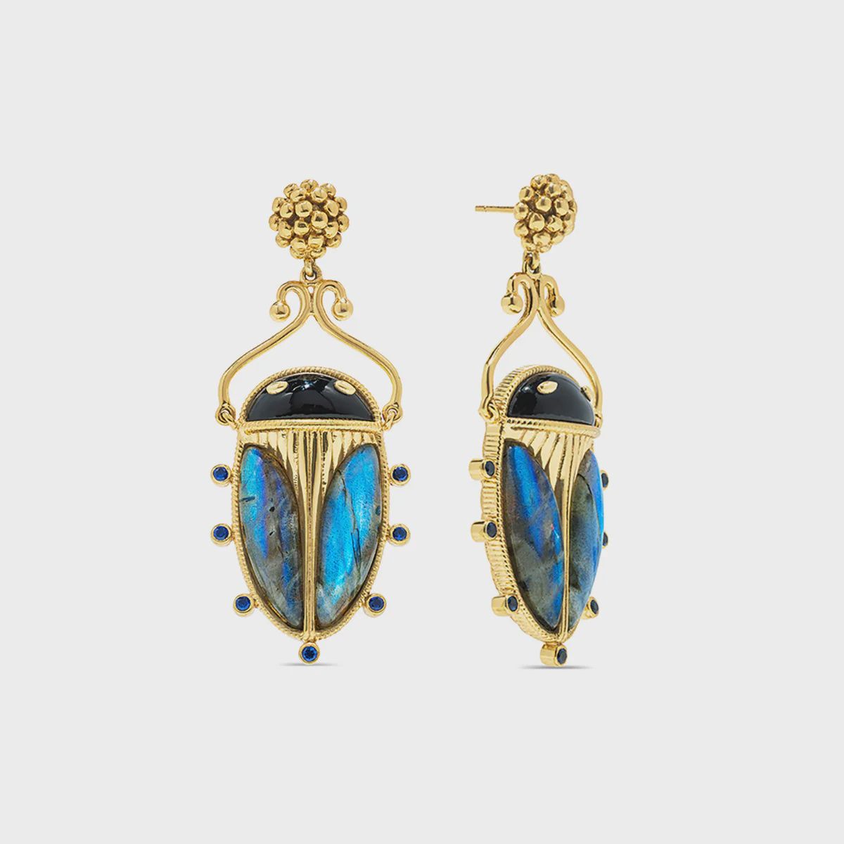 Scarab Berry Drop Earrings - Blue Labradorite/Black Agate