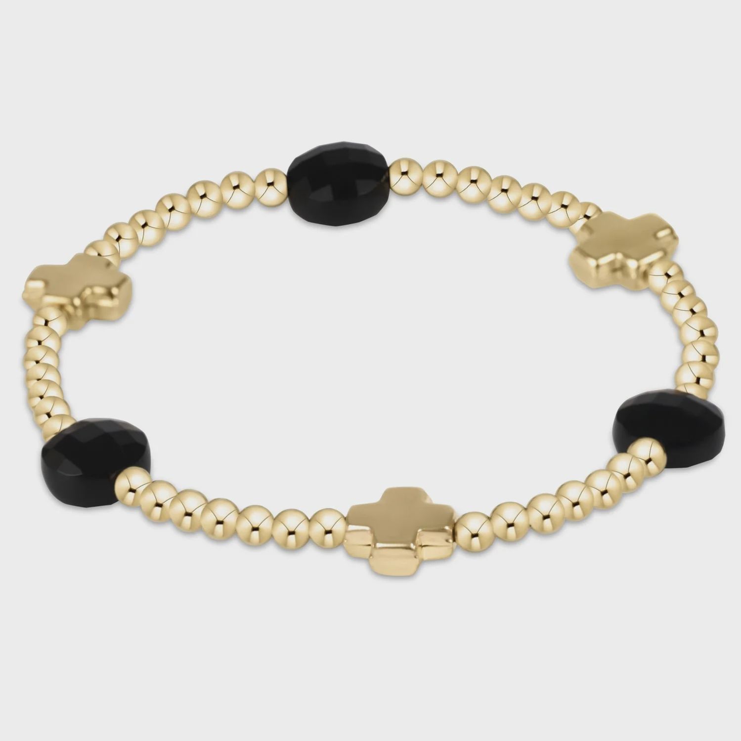 Signature Cross Admire Gold Pattern 3mm Bead Bracelet - Faceted Onyx