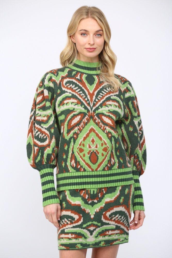 JACQUARD PATTERN PUFF SLV SWEATER, Size: S