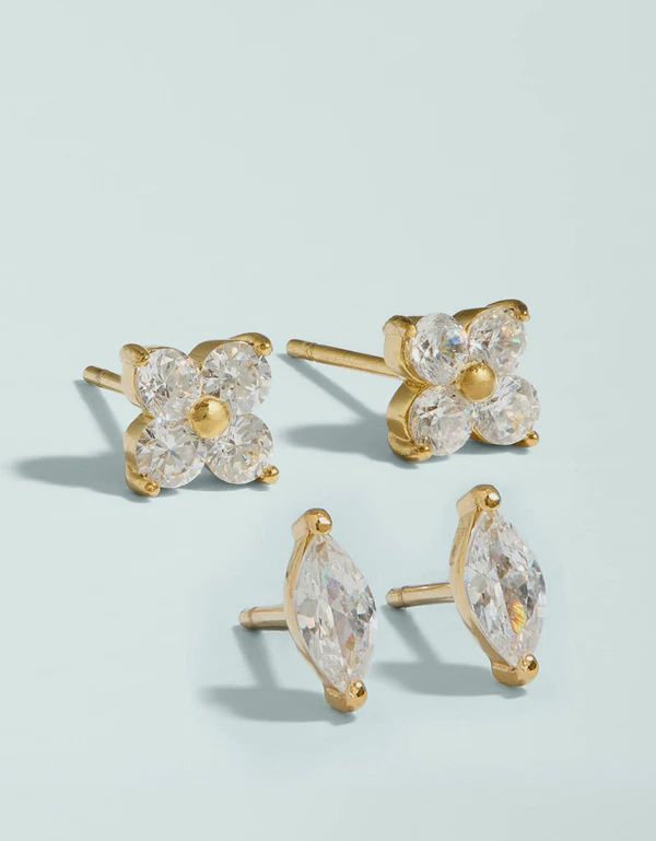 SP Sparkly Clover Stud Earrings Set Crystal