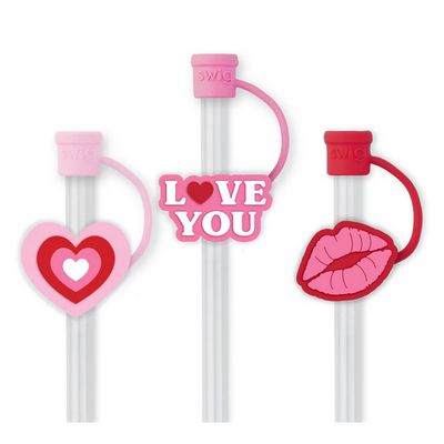 Swig Life Sweethearts Valentine straw topper set of three displayed on a white background, featuring colorful heart-shaped designs in silicone