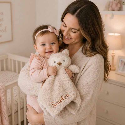Mother holding baby girl in nursery with personalized owl security blanket lovey, soft plush monogrammed baby gift