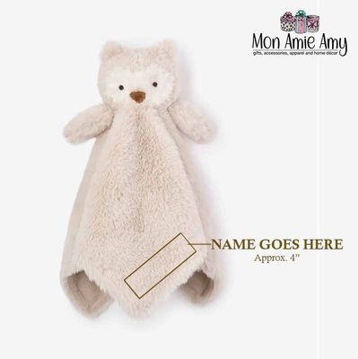 Personalized owl baby security blanket with embroidery placement shown, soft plush lovey with custom name area highlighted