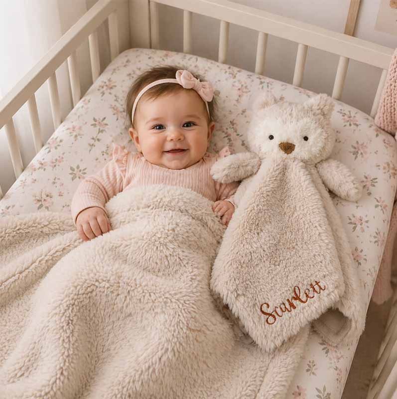 Baby girl lying in crib holding personalized owl security blanket, soft plush lovey with embroidered name