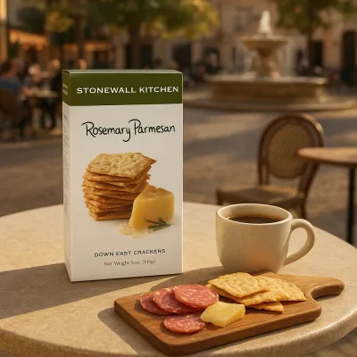 Box of Stonewall Kitchen Rosemary Parmesan Crackers displayed in a kitchen setting with fresh rosemary sprigs and grated cheese
