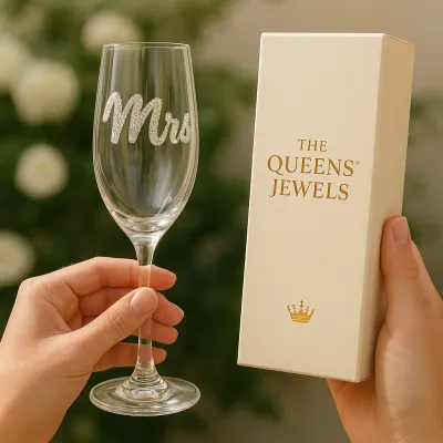 Mrs rhinestone champagne flute with sparkling crystal embellishments displayed in a lifestyle setting