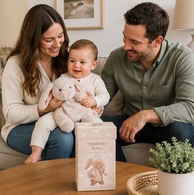 Baby sitting with mother and father holding bunny plush lovey while gift box sits on table in cozy living room