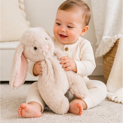 Baby playing with soft bunny snuggler plush lovey toy on carpet in warm neutral nursery setting