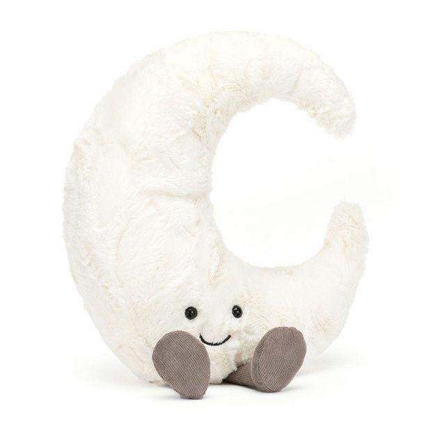 Jellycat Amuseable Moon plush toy, a soft yellow crescent with embroidered facial features, displayed on white background