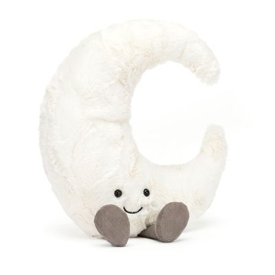 Jellycat Amuseable Moon plush toy, a soft yellow crescent with embroidered facial features, displayed on white background