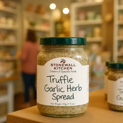 Stonewall Kitchen Truffle Garlic Herb Spread 7.5oz jar displayed on a wooden surface with fresh herbs and bread