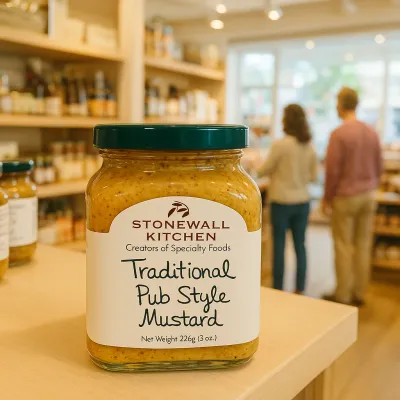 Stonewall Kitchen Traditional Pub Style Mustard 8oz jar displayed in a lifestyle setting with bread and sandwich ingredients
