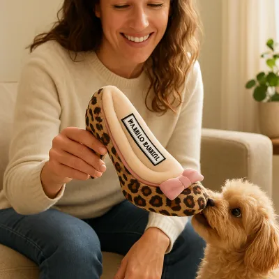 Haute Diggity Dog Manalo Barknik plush squeaker toy styled in a lifestyle setting, featuring a dog shoe design with textured fabric details