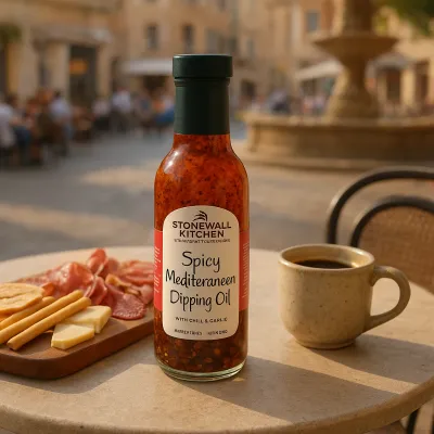 Bottle of Stonewall Kitchen Spicy Mediterranean Dipping Oil with Chili &amp; Garlic displayed in a lifestyle setting with fresh bread and herbs