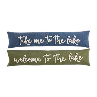Welcome Lake canvas skinny pillow with zipper closure in neutral cream and blue tones on a plain white background