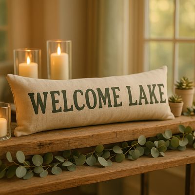 Mud Pie Welcome Lake canvas skinny pillow with zipper displayed in a home setting
