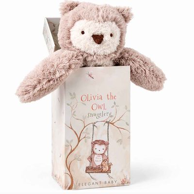 Olivia the Owl Snuggler by Elegant Baby in decorative gift box, perfect newborn gift and baby shower present