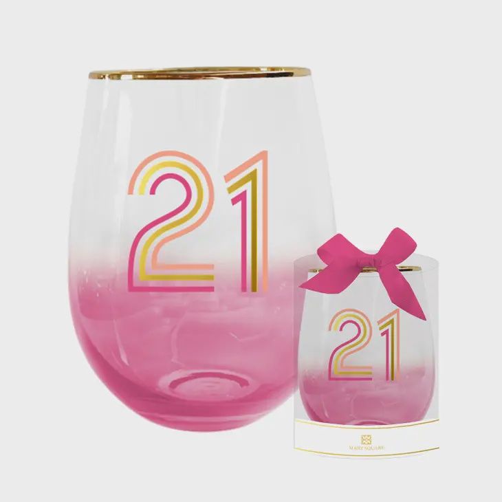 Mary Square Milestone Birthday Stemless Wine Glasses, 16 oz, Ombre Gold Foil, Description: 21