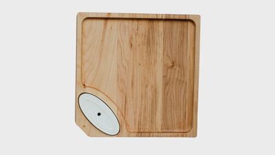 Maple wood cheese board handcrafted in Vermont, displayed on a neutral background with 8-inch square dimensions