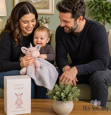 Baby sitting with mother and father holding unicorn lovey and blanket set with gift box on table in cozy living room