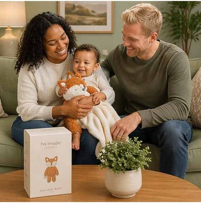 Fox plush baby lovey with matching soft blanket set displayed on white background, neutral baby gift set