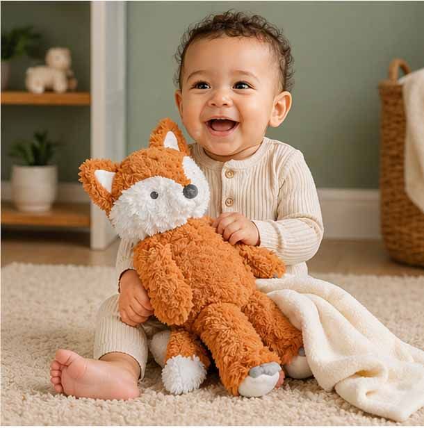 Happy baby holding fox plush lovey with soft blanket, cozy baby comfort toy for cuddling and play