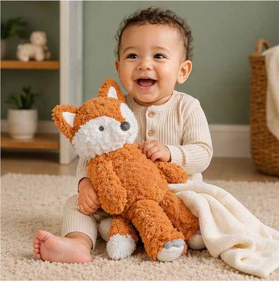 Happy baby holding fox plush lovey with soft blanket, cozy baby comfort toy for cuddling and play