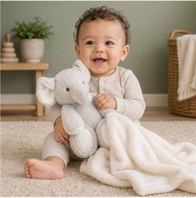 Smiling baby holding elephant plush lovey with soft blanket, cozy baby comfort toy for cuddling and play