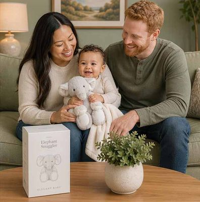 Baby with parents holding elephant plush lovey and blanket set with gift box on table in cozy living room