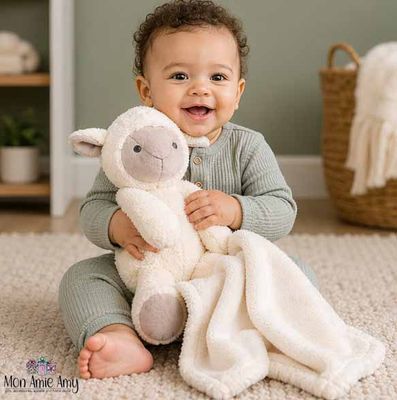 Smiling baby holding soft lamb plush lovey with blanket, cozy security toy for comfort and cuddling