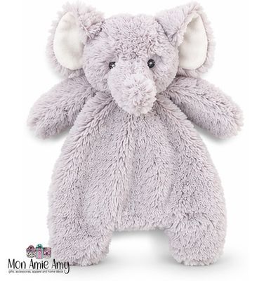 Soft elephant snuggler plush baby security lovey toy on clean white background with neutral tones