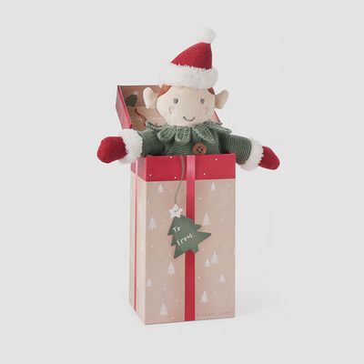 Jingle Elf knit toy plush Christmas elf doll in gift box on white background with red and green holiday outfit