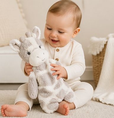 Baby playing with soft giraffe snuggler plush lovey toy on floor in warm neutral nursery setting