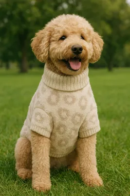 Cream and stone Barefoot Dreams CozyChic dog sweater on a small dog in a park setting