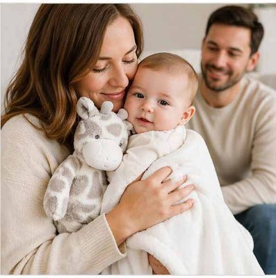 Mother holding baby wrapped in soft blanket with giraffe plush lovey while father sits in background in cozy home setting