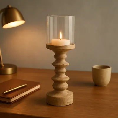 K&amp;K Interiors decorative candleholder displayed as a home decor accent on a shelf with complementary objects