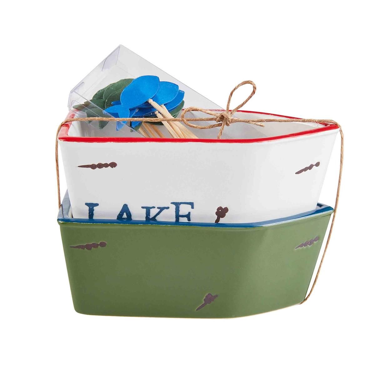 Mud Pie Lake Hand-Painted Ceramic Ramekin &amp; Toothpick Set, 3-Piece, Description: Canoe
