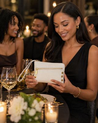 Woman holding Hammitt Nash Sml white wristlet with gold accents at an elegant dinner party with candles and friends