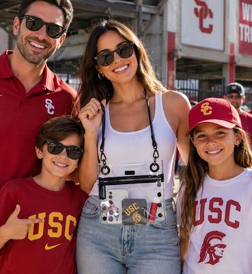 Family at USC game showing Hammitt Tony Sml clear crossbody bag with essentials, perfect stadium-approved accessory