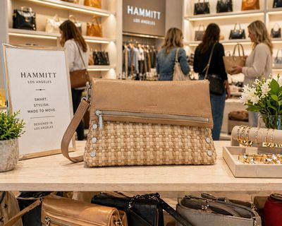Hammitt VIP Large Carpenter’s Weave handbag in brushed silver displayed on a boutique table with shoppers and luxury accessor
