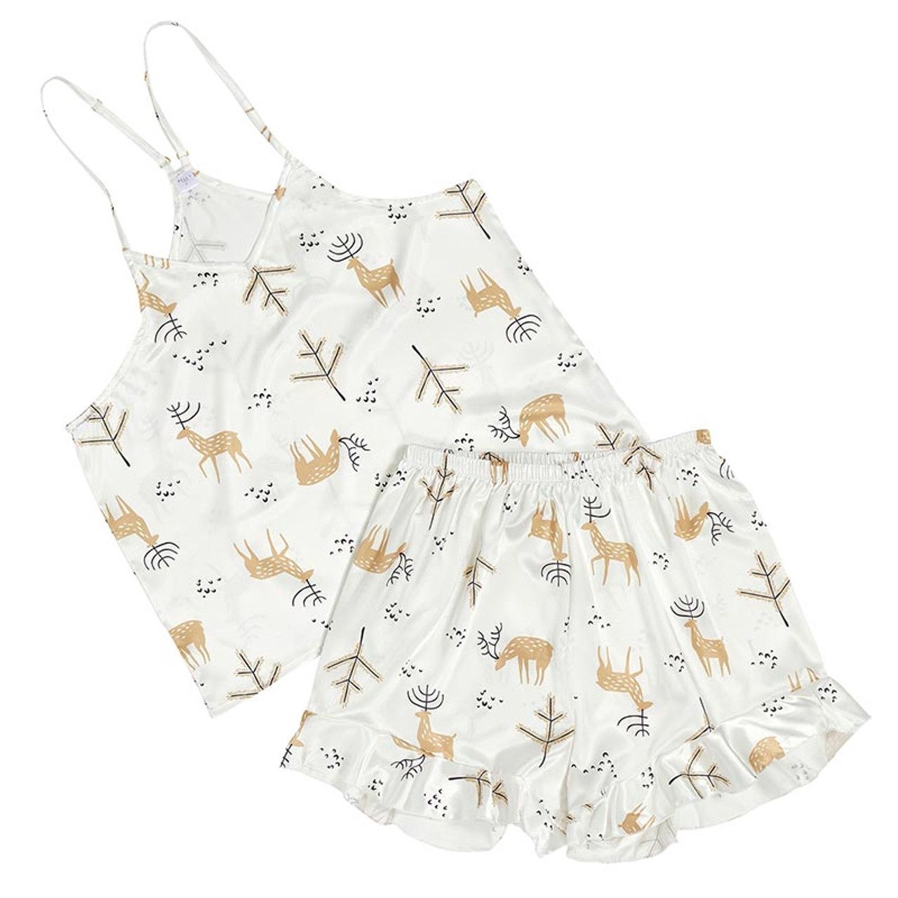 Bella IL Fiore Oh Deer Satin Cami &amp; Ruffled Shorts PJ Set, Size: SM