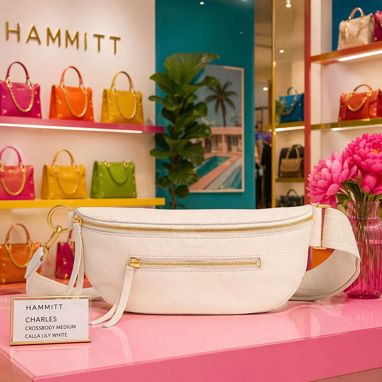 Hammitt Charles Crossbody Medium bag in calla lily white leather with brushed gold hardware displayed in a colorful, well-lit